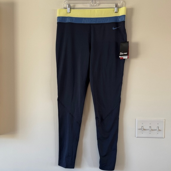 Nike Pro Blue Leggings with Yellow and Blue Waistband - Picture 1 of 7